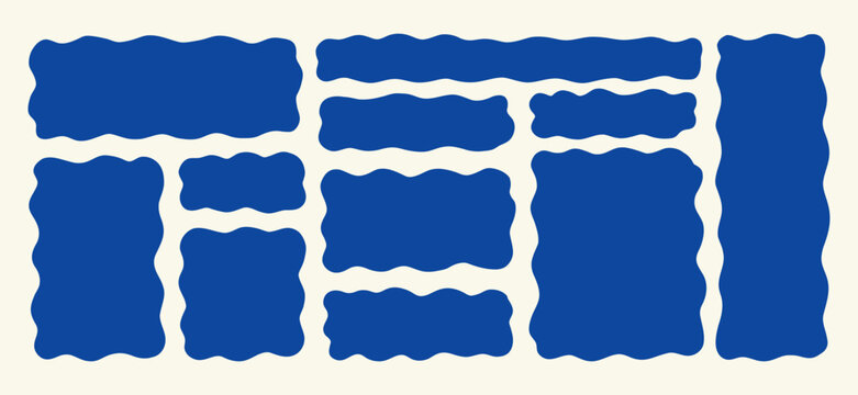 Wavy Textbox Blue Silhouette Set. Text Box Shape Frame Kit. Edge Rectangle Edge Border Bundle. Doodle Vector Illustration