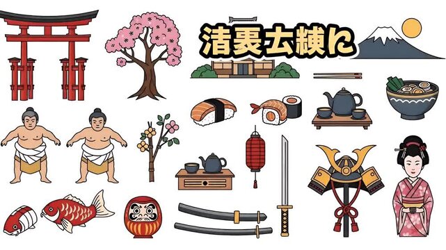 Pixel Art Japanese Icons With Torii Gate Sakura Cherry Blossom Mt Fuji