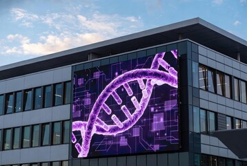 Modern building facade with large LED screen displaying vibrant purple DNA