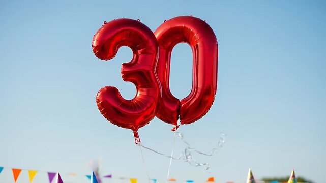 Red Number 30 Balloons Floating Sky Daylight Celebrate Birthday Party Outdoor Celebration