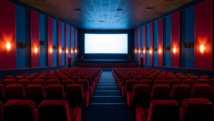 Fototapeta premium A dimly lit movie theater with red seats and blue walls