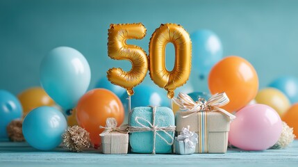 Happy Birthday greeting card spotlighting a shiny silver &ldquo;50&rdquo; text balloon surrounded by vibrant orange, blue and pink balloons plus a wrapped gift box, all isolated on refreshing turquoise background