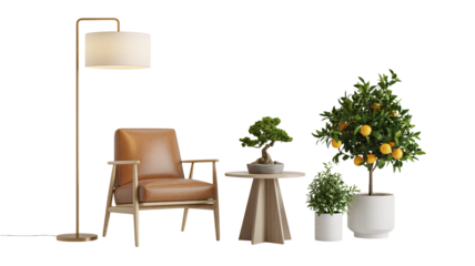Modern living room furniture with plants and lamp on white background