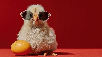 Happy Easter greeting card starring a cool, cute yellow chick rocking oversized sunglasses while proudly holding a brightly painted Easter egg, isolated on vibrant red background