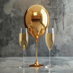 Happy New Year 2026 festive greeting card featuring a shimmering golden balloon shaped like the number &ldquo;2026&rdquo; rising between two crystal champagne glasses filled with sparkling bubbly