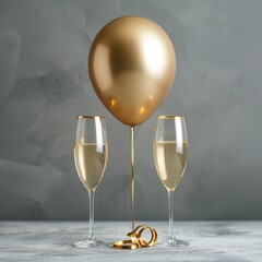 Happy New Year 2026 festive greeting card featuring a shimmering golden balloon shaped like the number &ldquo;2026&rdquo; rising between two crystal champagne glasses filled with sparkling bubbly