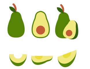 Set of green avocado whole, half and slices.Cute fruit.Organic healthy vegetarian food.Summer package.Flat design.Graphic.Sign, symbol, icon and logo isolated.Clipart.Cartoon vector illustration.