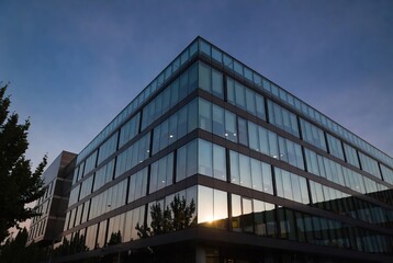 Modern glass office building facade reflecting warm sunset light at twilight
