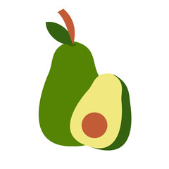 Green Avocado with cut in half and green leaf isolated on white background.Cute fish fruit.Sign, symbol, icon and logo isolated.Graphic.Clipart.Summer package.Organic.Cartoon vector illustration.