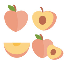 Set of ripe peach whole, half and slices.Cute fruit.Organic healthy vegetarian food.Summer package.Flat design.Graphic.Sign, symbol, icon and logo isolated.Clipart.Cartoon vector illustration.
