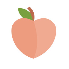 Ripe fresh peach with green leaf isolated on white background.Juicy peach.Healthy food.Cute Fruit.Sign, symbol, logo and icon isolated.Flat degn.Graphic.Clipart.Summer package.Vector illustration. 