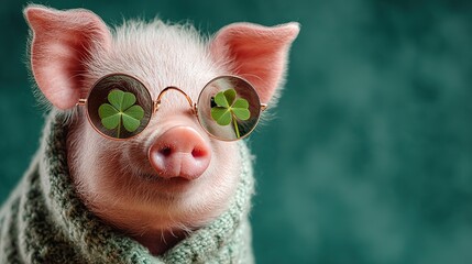 Happy New Year & Silvester greeting card featuring a cute pink pig wearing reflective sunglasses and holding a glowing four-leaf clover, isolated on fresh green background; playful symbol of 2026 luck