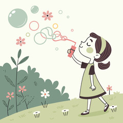 Young girl blowing bubbles in garden with colorful flowers  