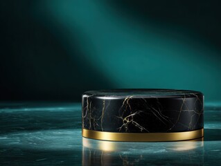 A cylindrical black marble display stand with gold trim, teal background with dramatic light