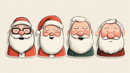 Collection set of cool cartoon Santa Claus and Saint Nicholas vector stickers, each character sporting quirky sunglasses, playful poses and vibrant red-white outfits, isolated on clean white backgroun