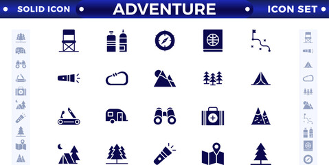 Obraz premium Adventure and trekking solid icon set. Included the icons as view, nature, camping, mountain, forest, backpacking, travel, sunset, and more. 