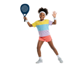 Smiling young girl in colorful sportswear holding a paddle racket and waving, isolated on white background