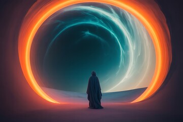 Figure gazes into a swirling cosmic portal