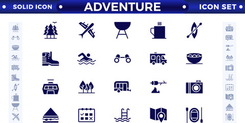 Obraz premium Adventure and trekking solid icon set. Included the icons as view, nature, camping, mountain, forest, backpacking, travel, sunset, and more. 