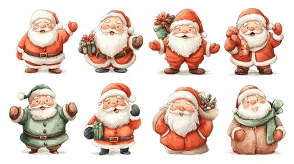 Collection set of cool cartoon Santa Claus and Saint Nicholas vector stickers, each character sporting quirky sunglasses, playful poses and vibrant red-white outfits, isolated on clean white backgroun