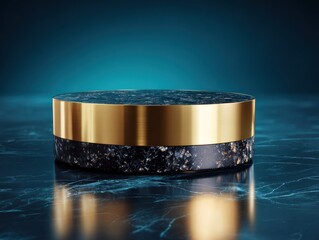 Elegant, circular display platform with marble-like base and gold band, on reflective surface