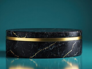 Black marble pedestal with gold band, on teal reflective surface, against teal backdrop