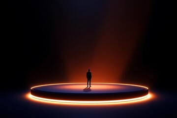 A lone figure stands illuminated on a circular stage with an orange glow