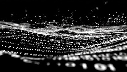 Binary code flowing like waves, with particles; black background
