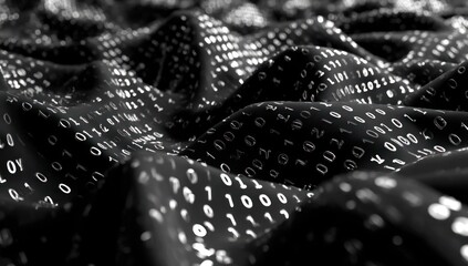 Binary code undulating on a rippling, textured surface; shades of black and white