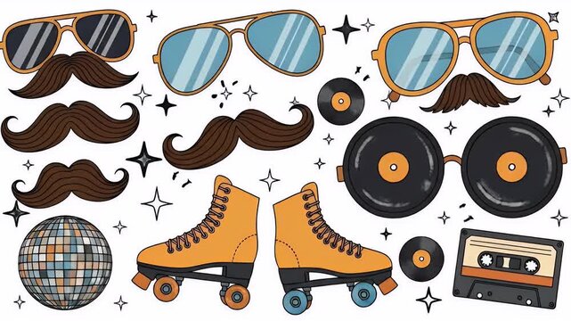 Retro 80s Style Elements Sunglasses Moustaches Roller Skates Disco Ball