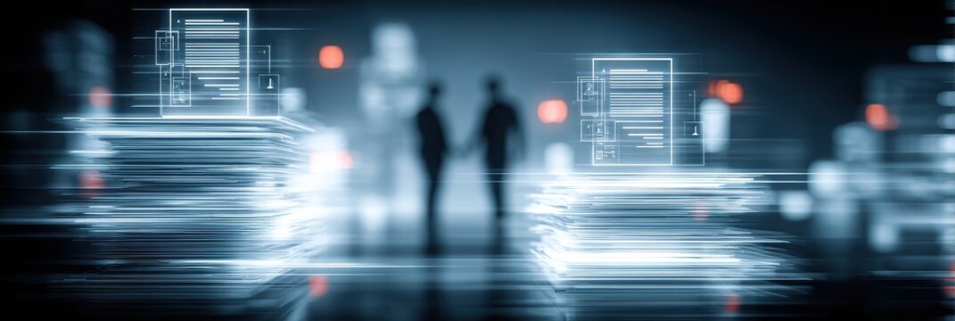 A partner joins an author in the administration study where a lawyer deciphers a commitment scroll resting among piles of paperwork
