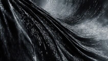 Abstract render of a dark flowing fabric with binary code embedded