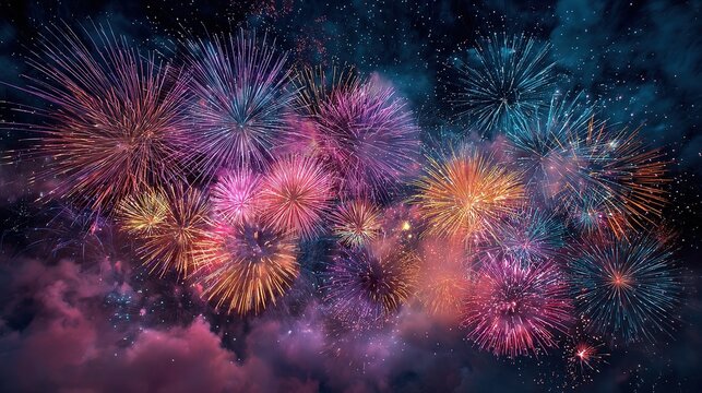 Silvester 2026 New Year&rsquo;s Eve panoramic banner: brilliant multicolor fireworks bloom and streak across a rustic dark-blue night sky,