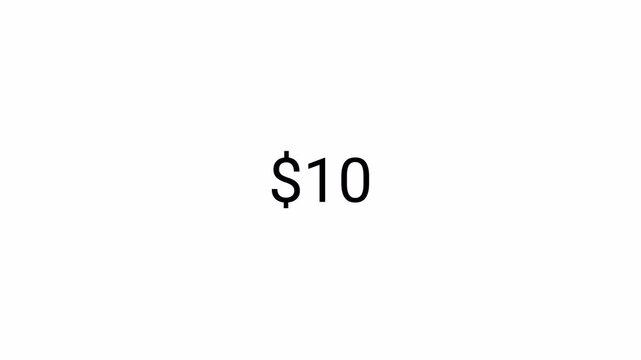 dollar Number counter animation from zero to ten on a transparent background, $0 to $10 animated dollar number counter with alpha channel best for  amount concepts. 