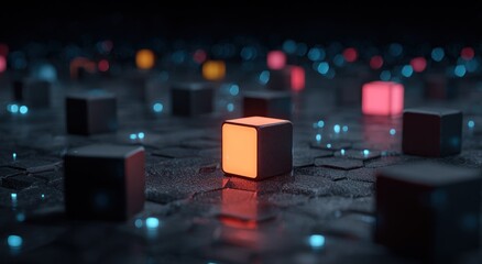 Cubes illuminated in a dark environment with hexagonal ground, reflecting light