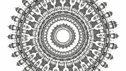 Intricate mandala pattern featuring traditional lanterns arranged in a circular design creating a