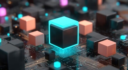 Abstract digital rendering of interconnected cubes with glowing accents