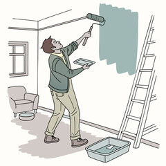 Man painting wall with roller in living room using light green color  