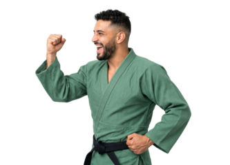 Young man in green karate gi with black belt celebrating with clenched fists
