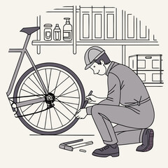 Mechanic repairing bicycle tire in workshop with tools and shelves  