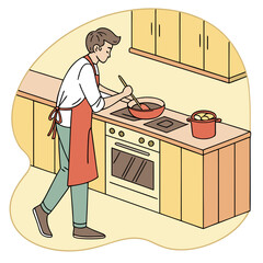 Young man cooking in modern kitchen while stirring sauce in pan  
