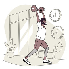 Fit black man exercising with dumbbells in modern gym interior  