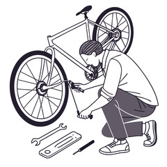 Man repairing bicycle wheel with tools on white background  