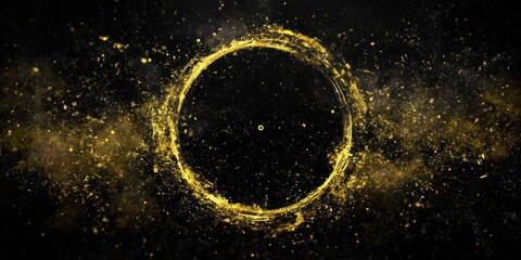 A celestial scene features a bright golden ring against a dark starry background