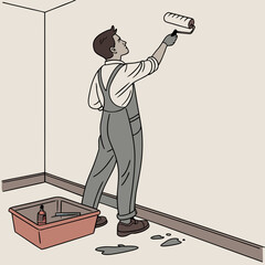 Man painting wall with roller in empty room with tools nearby  