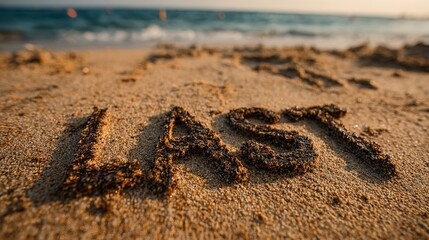 Last-minute summer vacation sale lettering etched into smooth golden beach sand, gentle turquoise waves rolling beside an old brown-gray rusty vintage wall of shabby patchwork cement tiles
