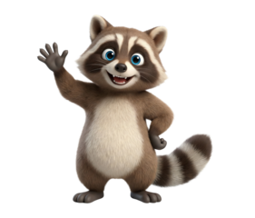Cute 3D Cartoon Raccoon Character Waving and Smiling, Isolated on White Background