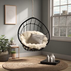 Interior scene featuring a hanging chair, rug, window, and minimal decor