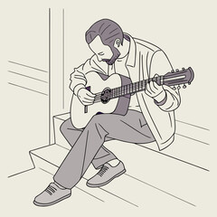 Man sitting on steps playing acoustic guitar in a relaxed posture  