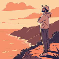 Young man standing on cliff overlooking ocean at sunset  